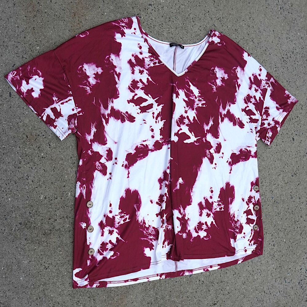 SHEIN Curve Plus Size 4XL Maroon Tie Dye Oversized V Neck Top Side Button Tee